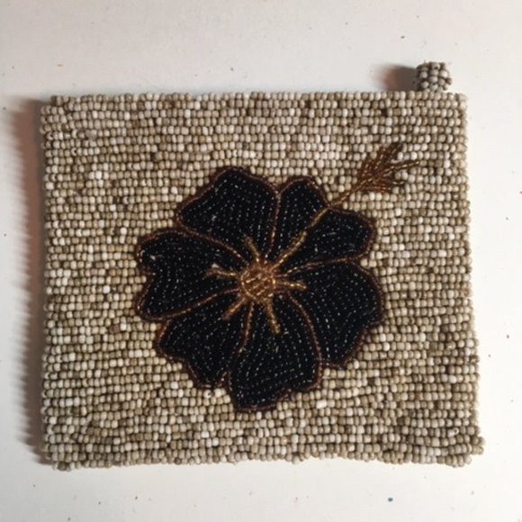 Floral Hand Beaded Wallet Change Purse Browns Black 4.75"x4" - Picture 2 of 7